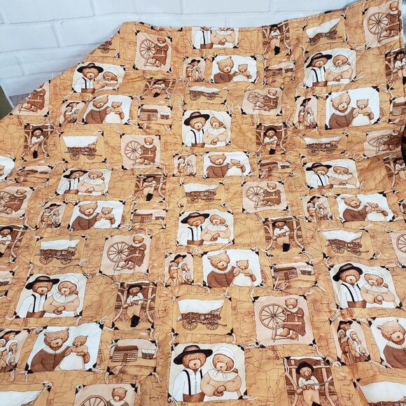 Vintage Farmhouse Homespun Bear Baby Blanket Hand Tied Quilt Homemade Nursery - Picture 1 of 10